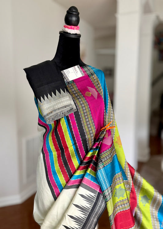 Off-white color traditional weaving Berhampuri colorful double pallu Pure Silk Saree