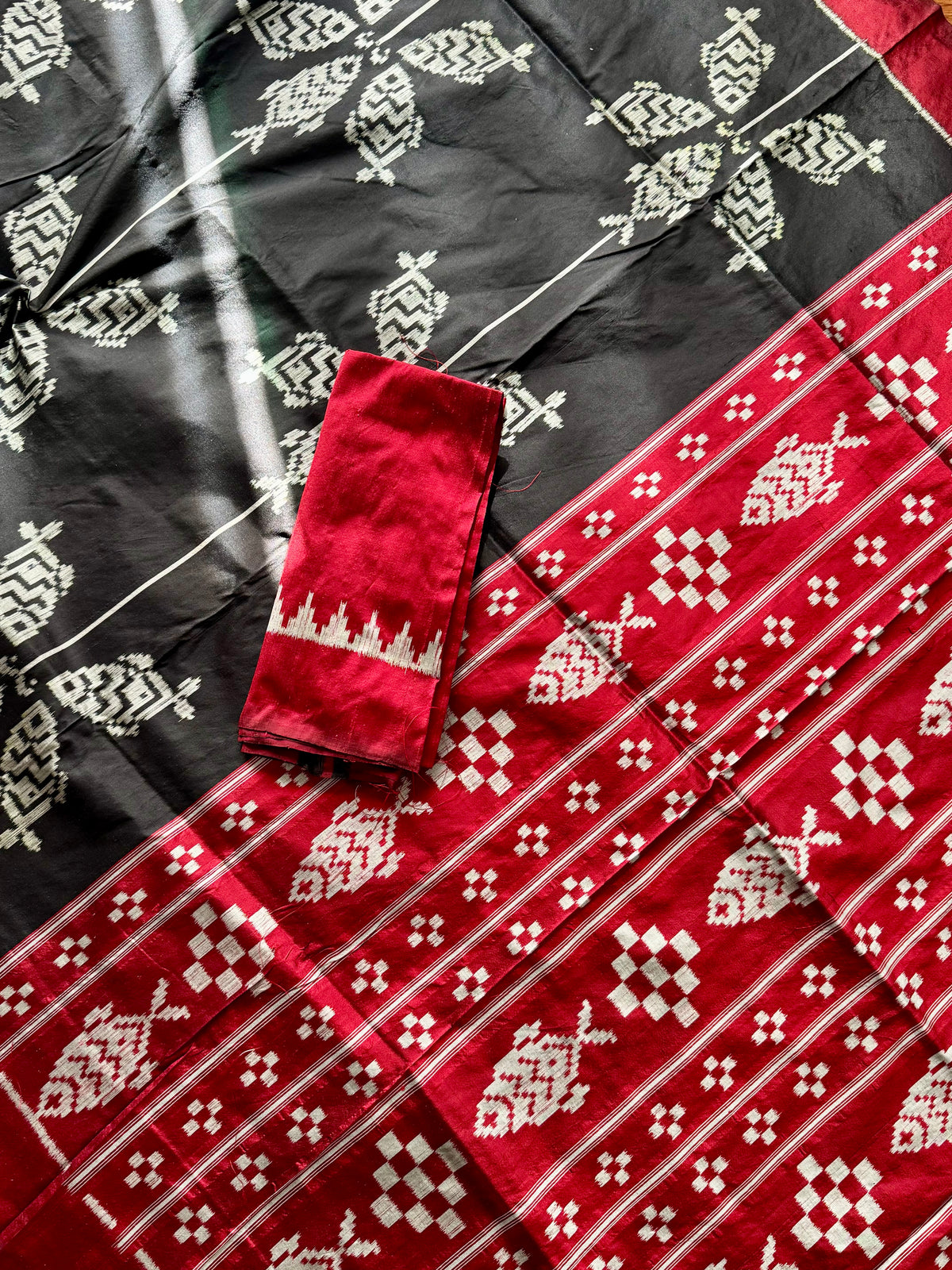 Black color fish motif handwoven ikat pure silk saree|Odisha Weaves|Contemporary Ikat|Antara
