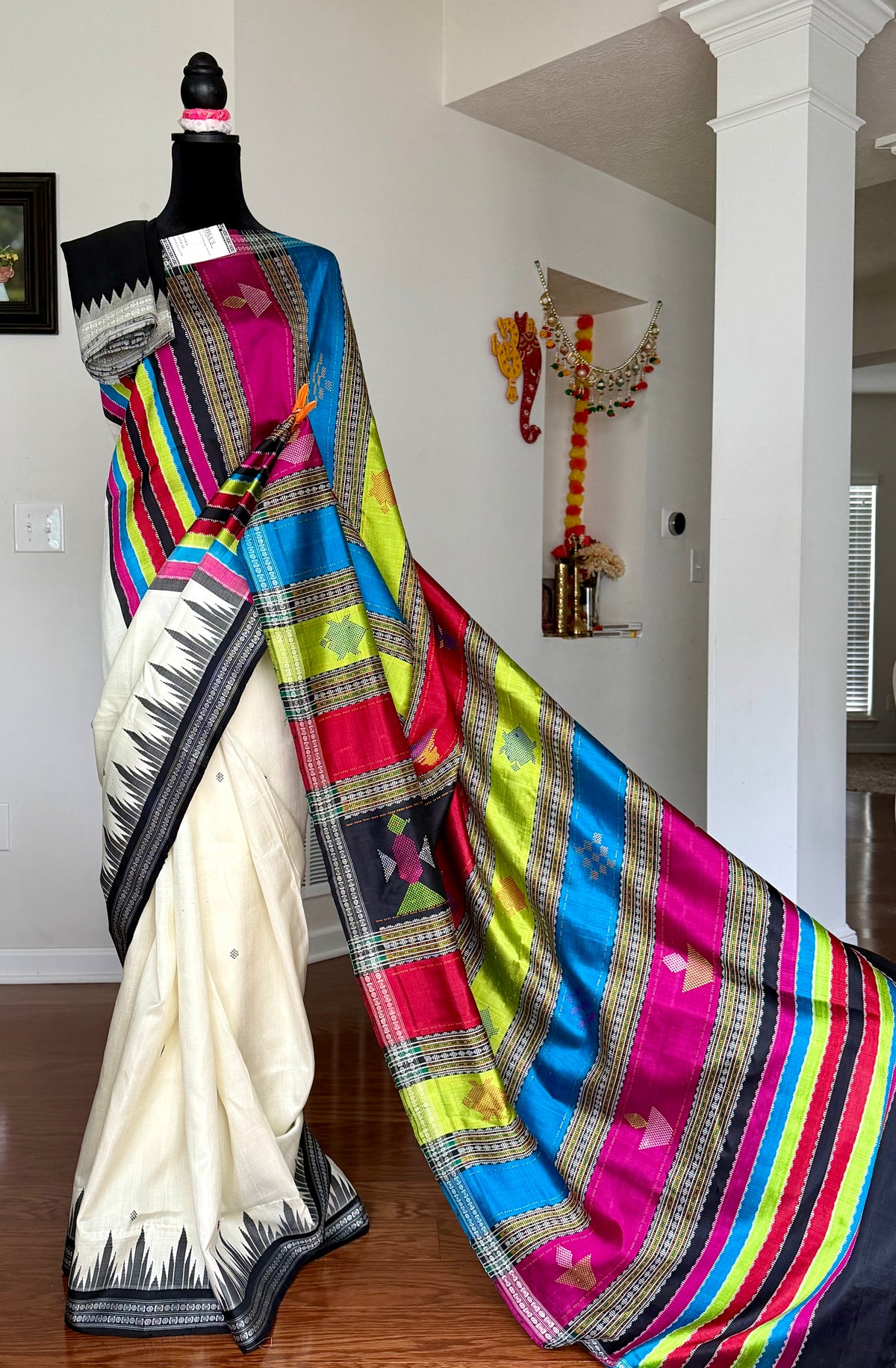 Off-white color traditional weaving Berhampuri colorful double pallu Pure Silk Saree