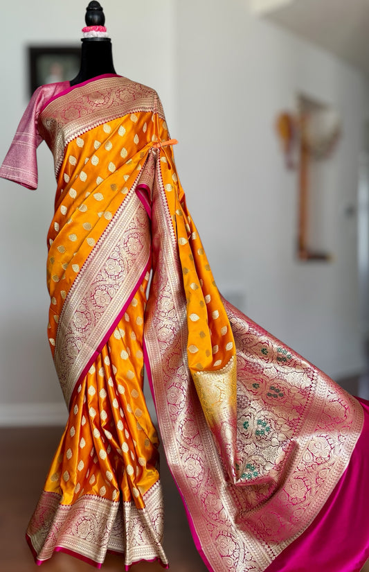 Orange Handloom Banarasi Silk Saree With Stitched Blouse