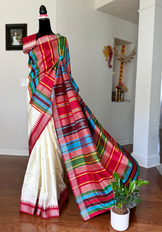 Off- White and Red Berhampuri Double pallu Pure Silk Saree| Odisha Weaves