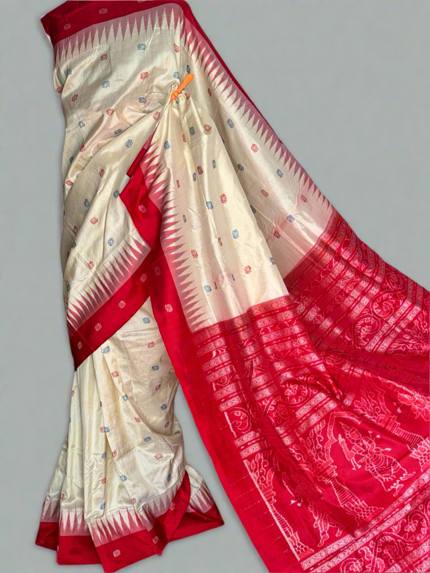 Nartaki pallu sambalpuri ikat with bomkai motifs in off white with red pure silk saree - Odisha weaves