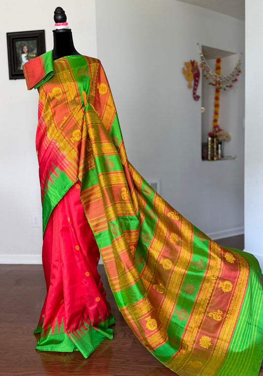 Dark Peach Berhampuri double pallu handwoven Pure Silk Saree
