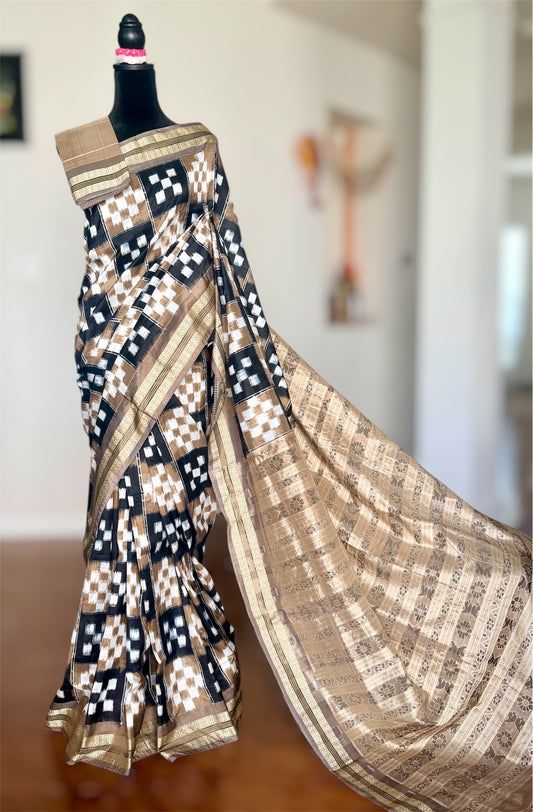 Sambalpuri Handwoven ikat pasapali pure silk saree|Toupe Color|Odisha Weaves|