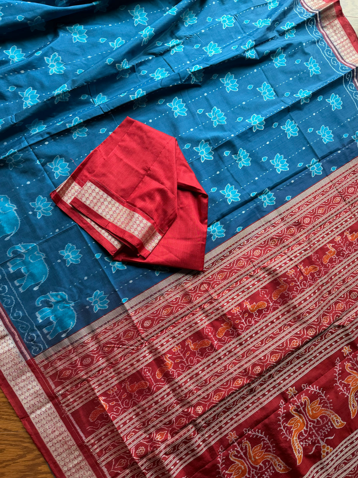Teal blue and maroon handwoven Sambalpuri thousand motif pure Ikkat silk saree | Odisha Weaves