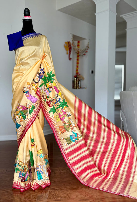 Warm pale yellow Odia Vivaha Pattachitra Berhampuri Pure Silk Saree – Ganga Jamuna Border