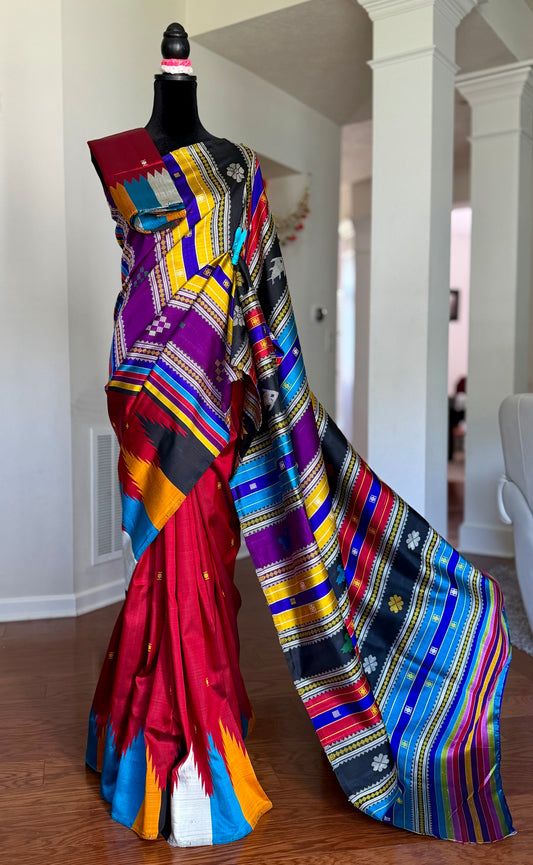 Maroon Berhampuri Pure Silk Saree with multi color Double pallu