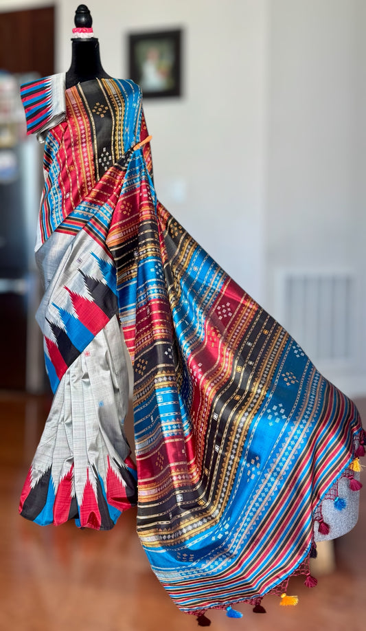 Grey Berhampuri Pure Silk Saree with multi color Double pallu