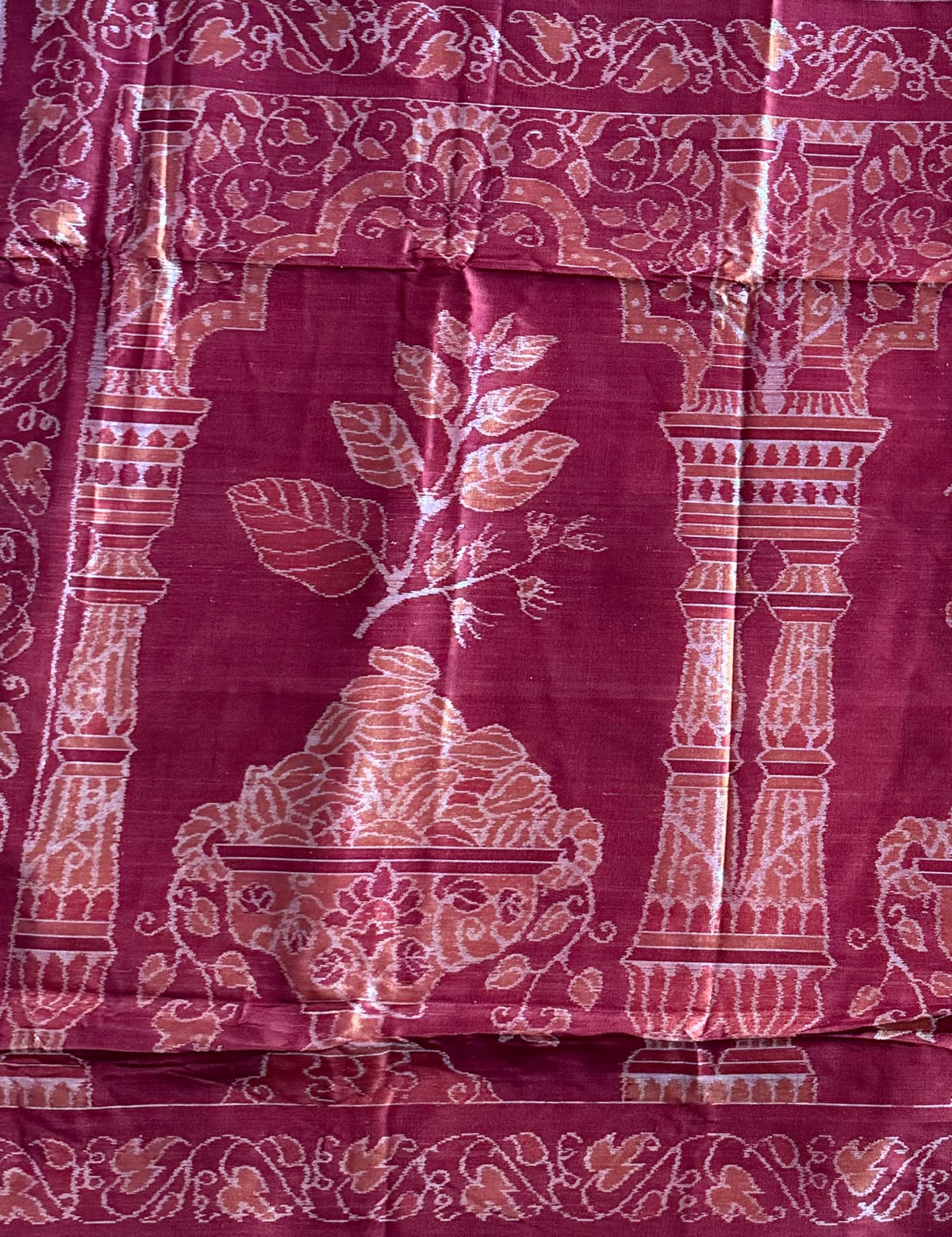Orange-ish Yellow Sambalpuri Ikat Pure Silk Saree with “Triphala” Ikat Pallu and Maroon Border |Odisha Weaves