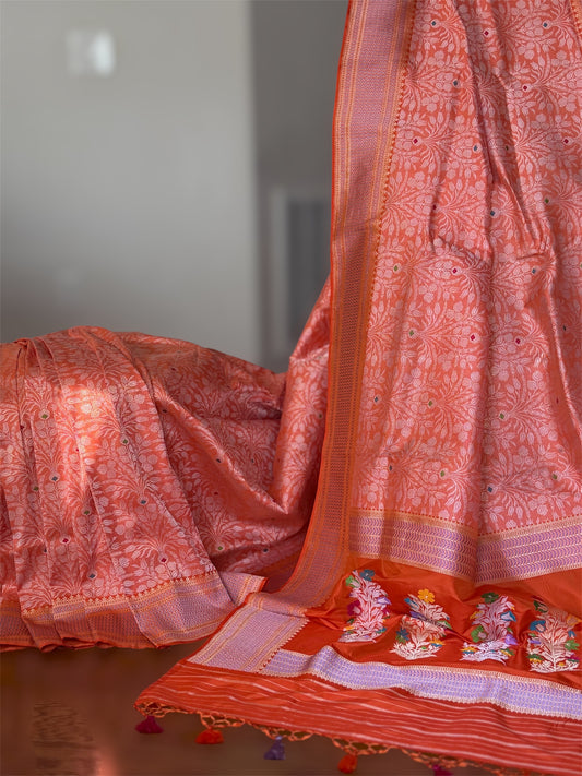 Orange Banarasi handwoven brocade pure silk with Tanchoi meenakari kadhuwa weave saree