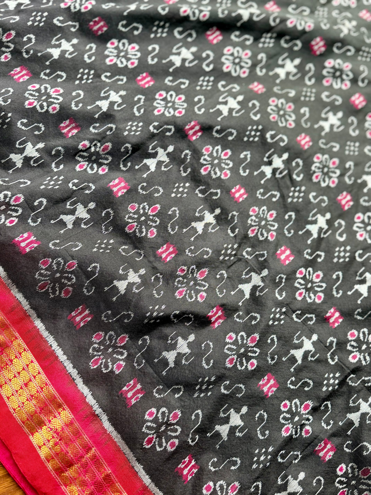Black and rust red handwoven Sambalpuri pure Ikkat silk saree with tissue border and pallu | Odisha Weaves