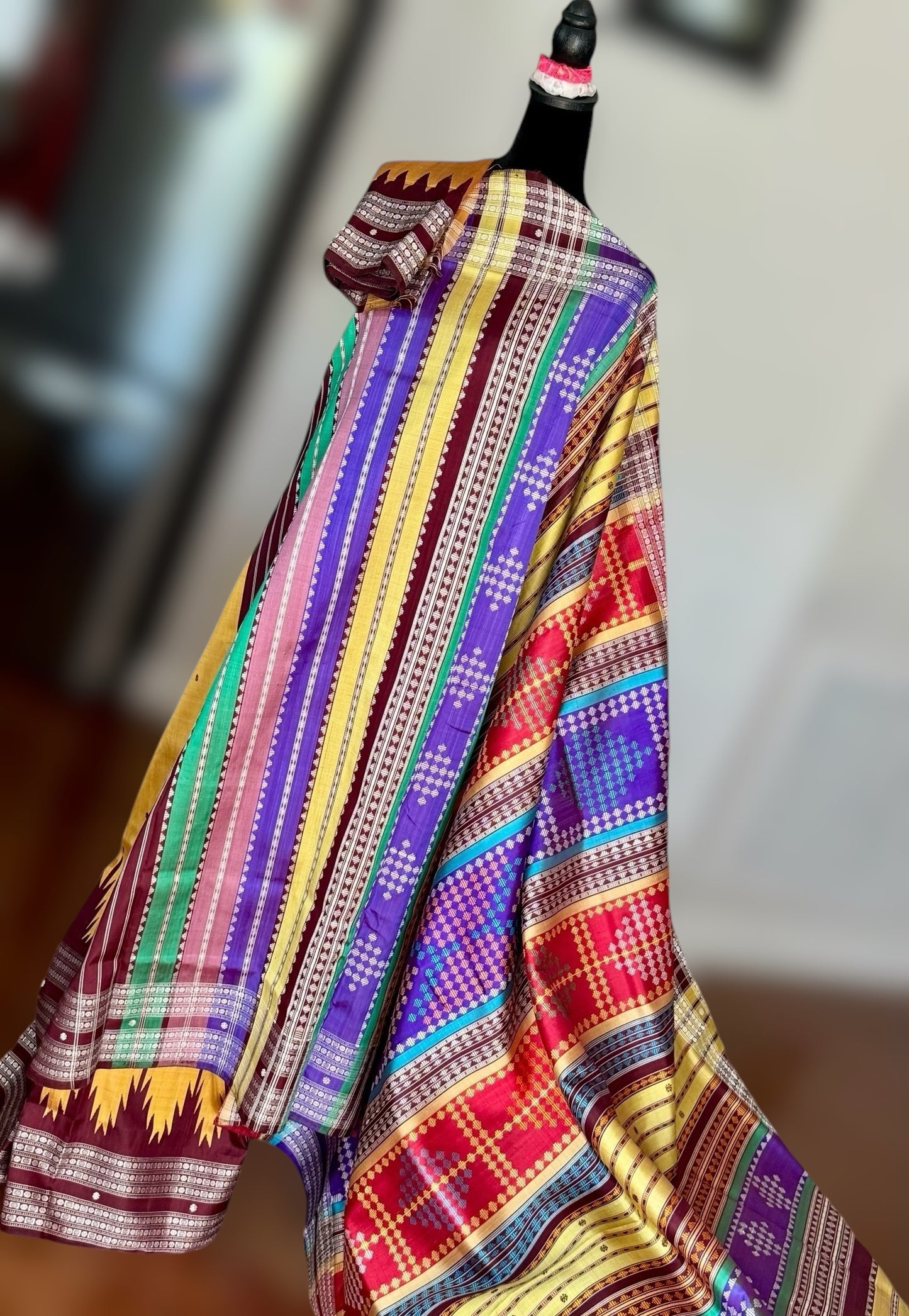 Mustard with brown Berhampuri pure silk saree with colorful double pallu