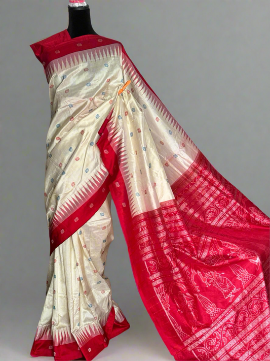 Nartaki pallu sambalpuri ikat with bomkai motifs in off white with red pure silk saree - Odisha weaves