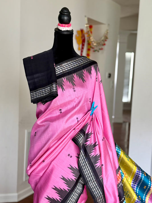 Onion pink traditional weaving Berhampuri colorful Single pallu Pure Silk Saree