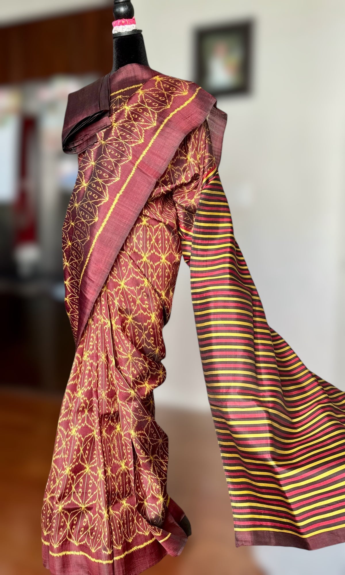 Brown Contemporary ikat Pure silk saree from Odisha weaves