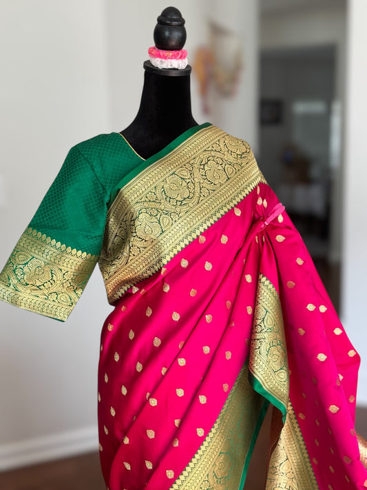 Pink Handloom Banarasi Silk Saree With Stitched Blouse