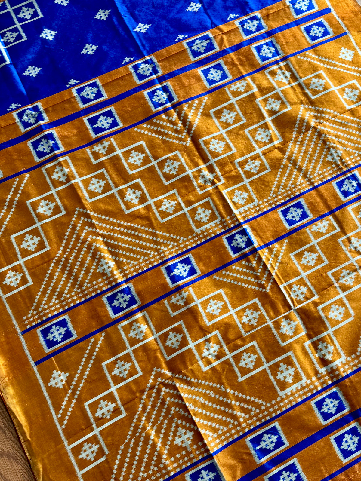 Blue with orange color handwoven ikat pure silk saree|Odisha Weaves|Contemporary Ikat|Antara