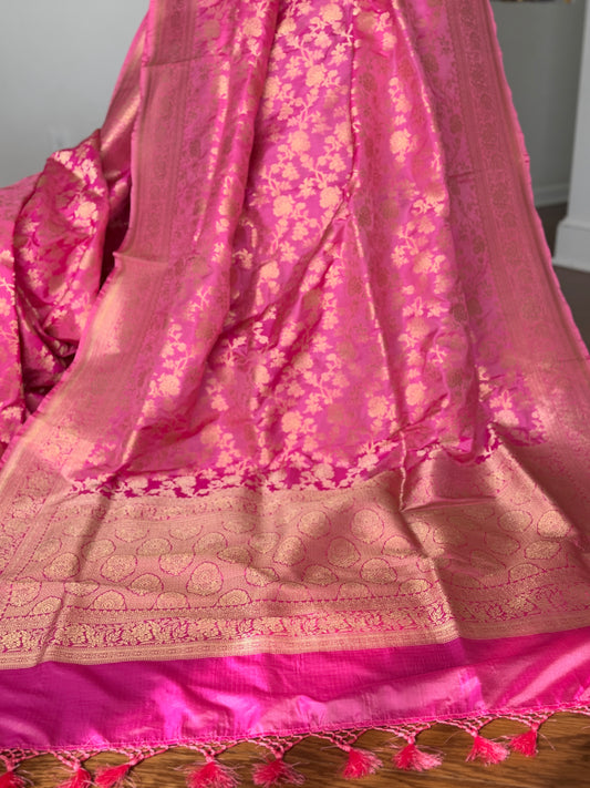 Pink Banarasi handwoven pure silk with floral jaal work