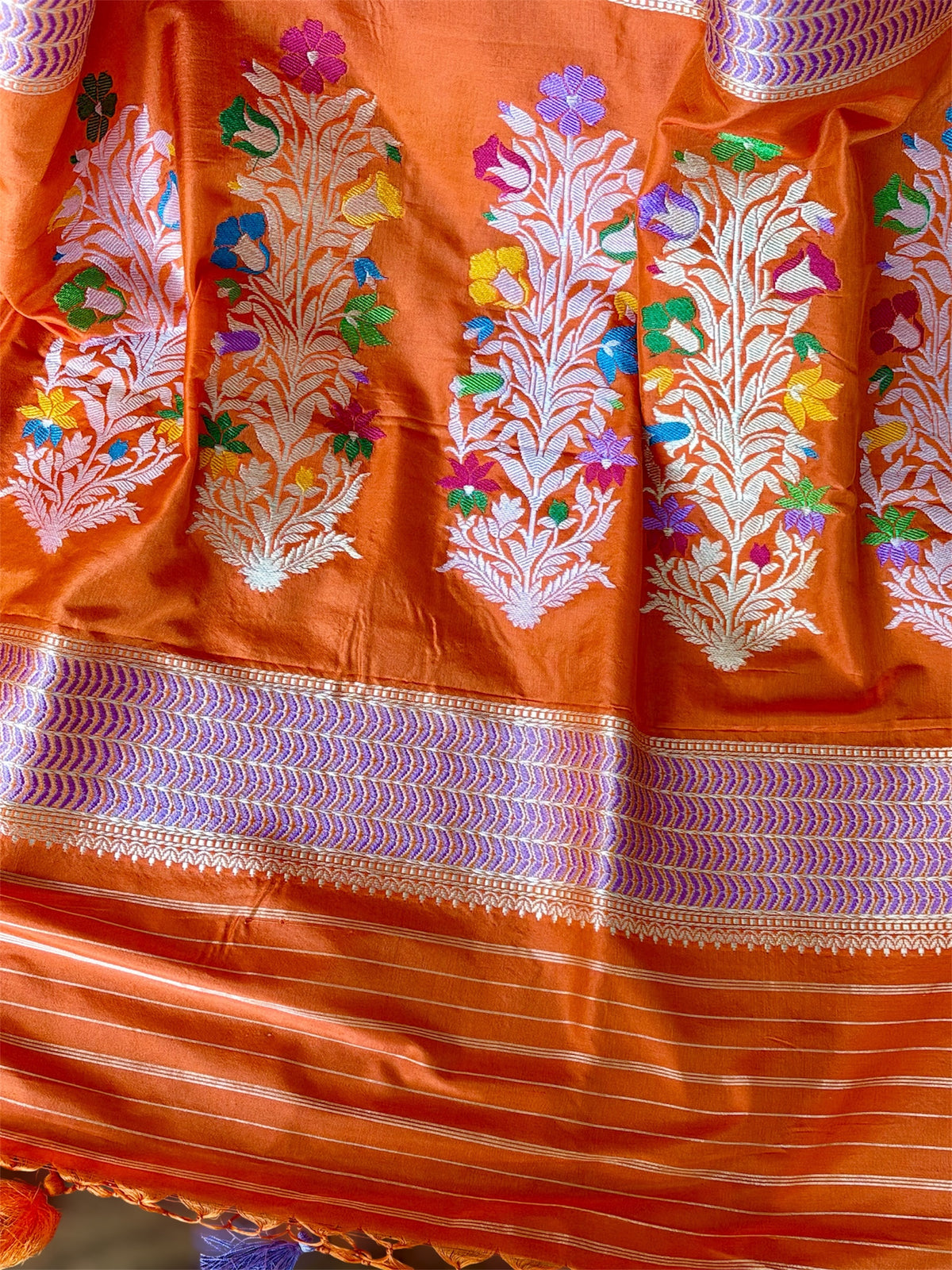 Orange Banarasi handwoven brocade pure silk with Tanchoi meenakari kadhuwa weave saree