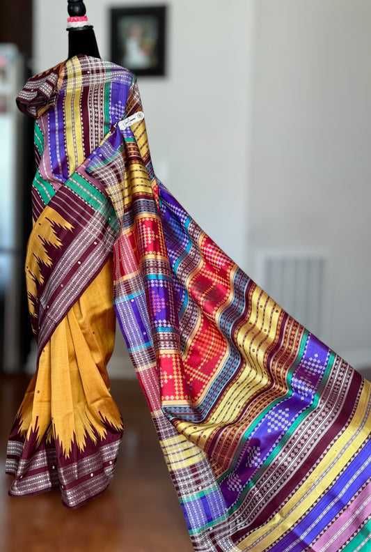Mustard with brown Berhampuri pure silk saree with colorful double pallu