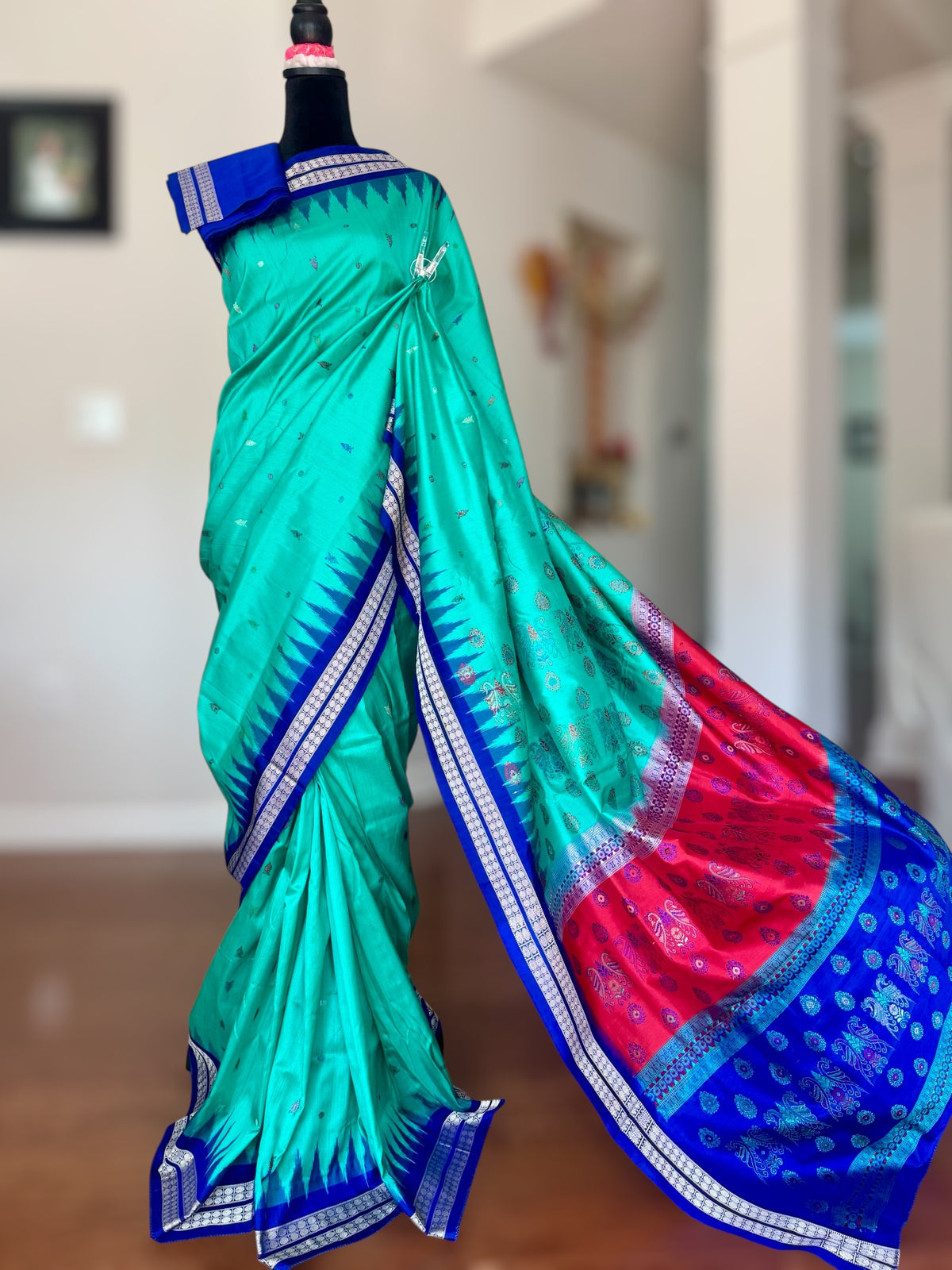 Aquamarine and blue combination master woven Bomkai pure silk saree | Odisha Weaves