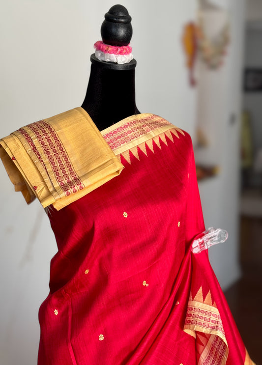 Red Berhampuri Single pallu handwoven Pure Silk Saree