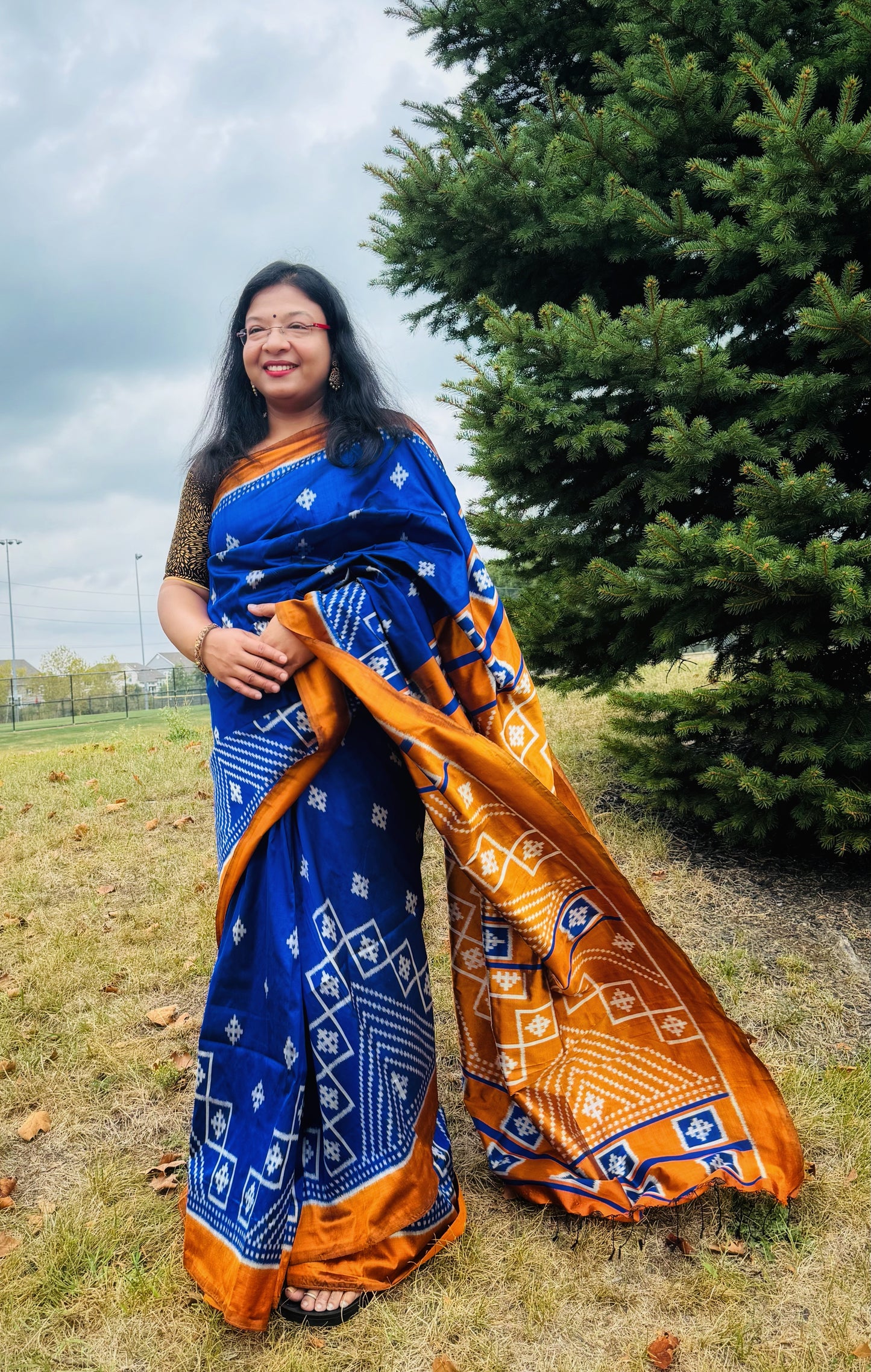 Blue with Mustard Yellow color handwoven ikat pure silk saree|Odisha Weaves|Contemporary Ikat|Antara