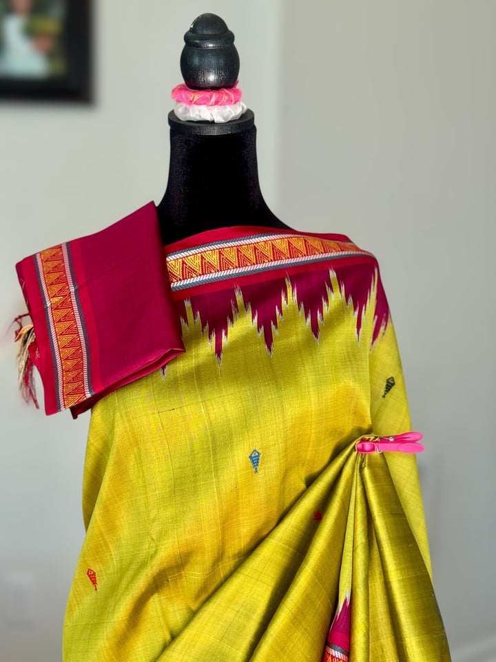 Light green and magenta pink combination Dongria double pallu contemporary ikat pure silk saree