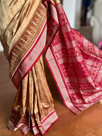 Golden baige and maroon-ish red handwoven Sambalpuri pure Ikkat silk saree | Odisha Weaves