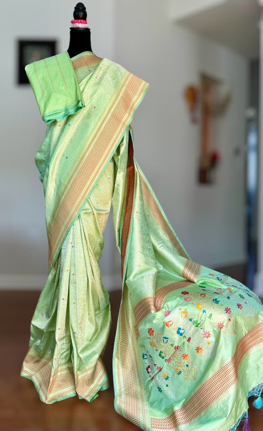 Mint Green Banarasi handloom brocade weaved pure silk saree with Tanchoi meenakari kadhuwa weave saree