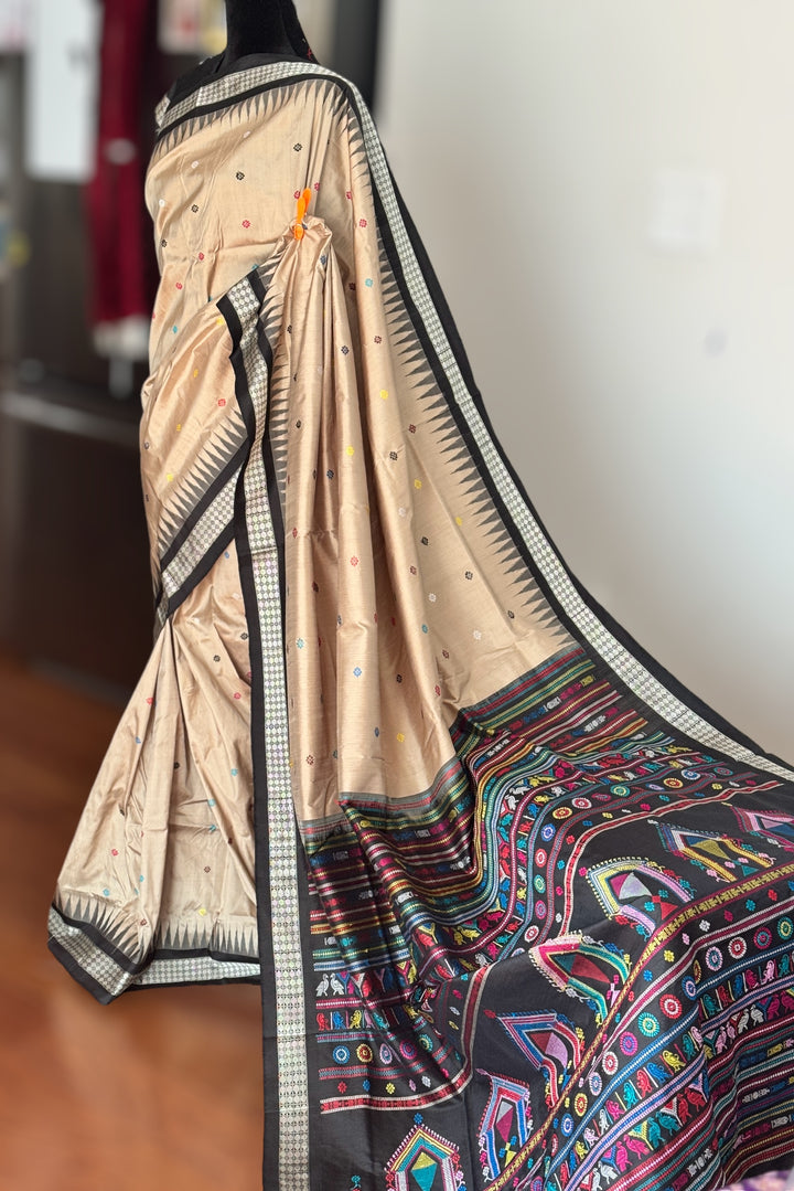 Gorgeous desert sand and black Combination Dolabedi pure silk saree from Odisha Weaves