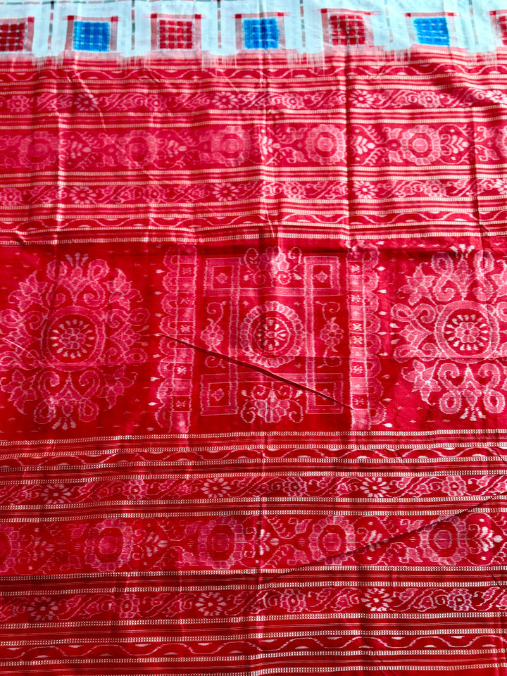 Handwoven White Aswini Sambalpuri Double ikat pure silk saree|Odisha Weaves|
