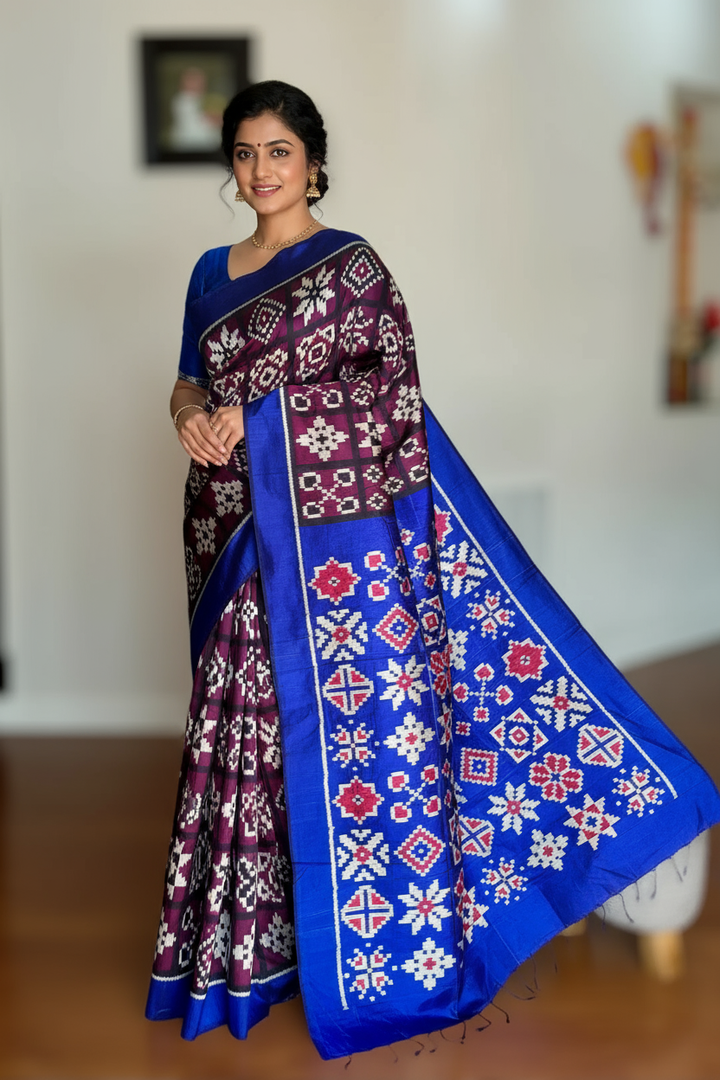 Purple with Blue combination Telia inspired Contemporary ikat pure silk saree