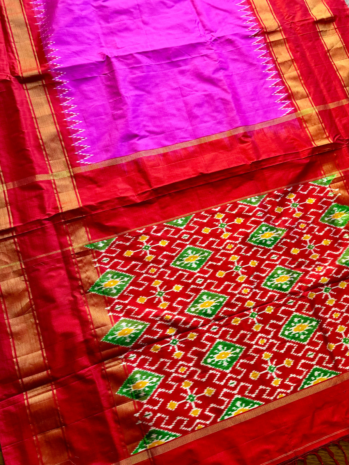 Bright Magenta-pink with Red Pochampally ikat pure silk saree with Patola pallu and Kanchi-Style Zari Border