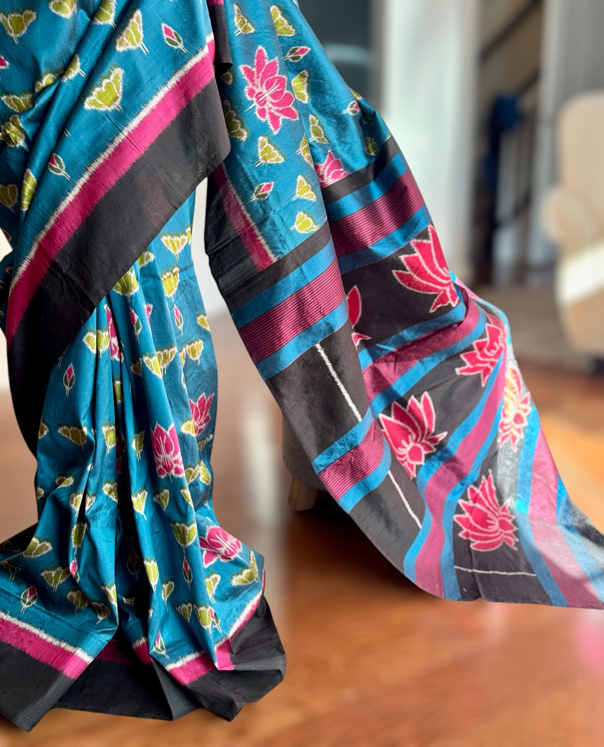 Lotus theme handwoven ikat pure silk saree|Odisha Weaves|Contemporary Ikat|