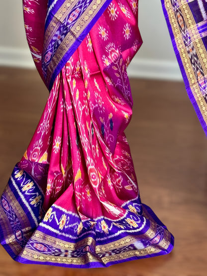 Magenta traditional ikat Khandua handwoven pure silk saree|Odisha Weaves
