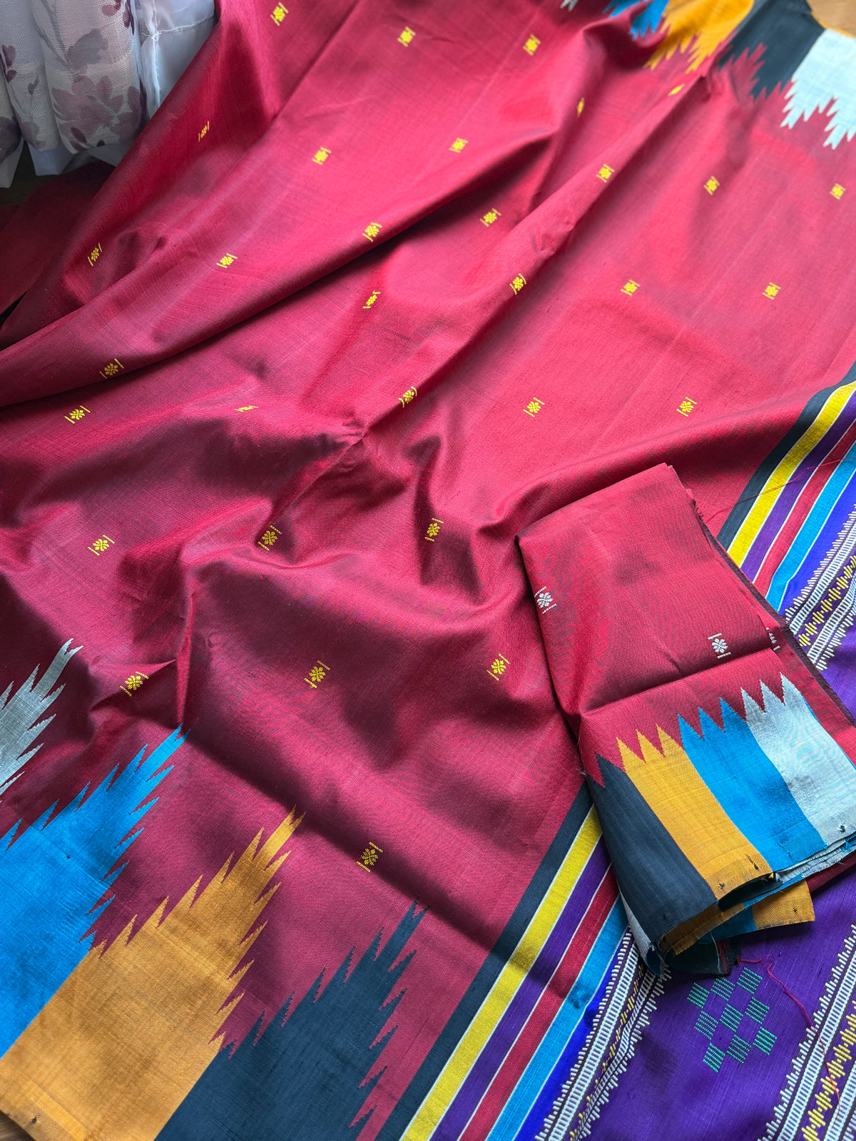 Maroon Berhampuri Pure Silk Saree with multi color Double pallu