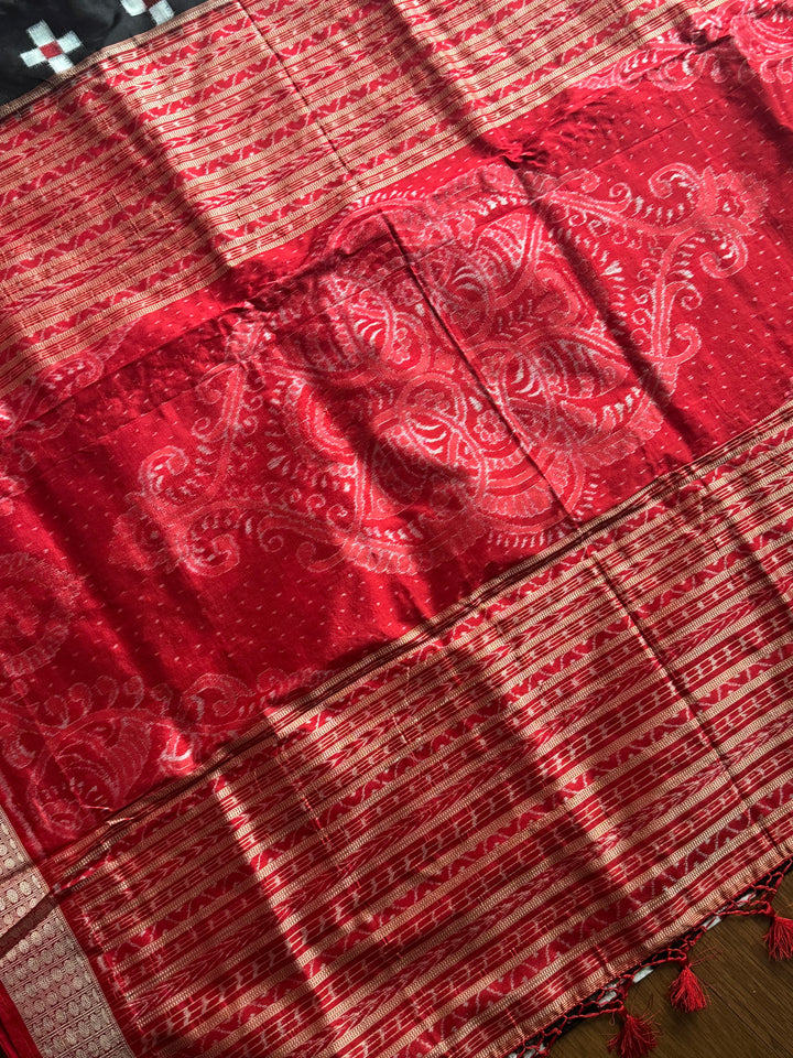 Handwoven Black and Red Pasapali Sambalpuri Ikat pure silk saree|Odisha Weaves|