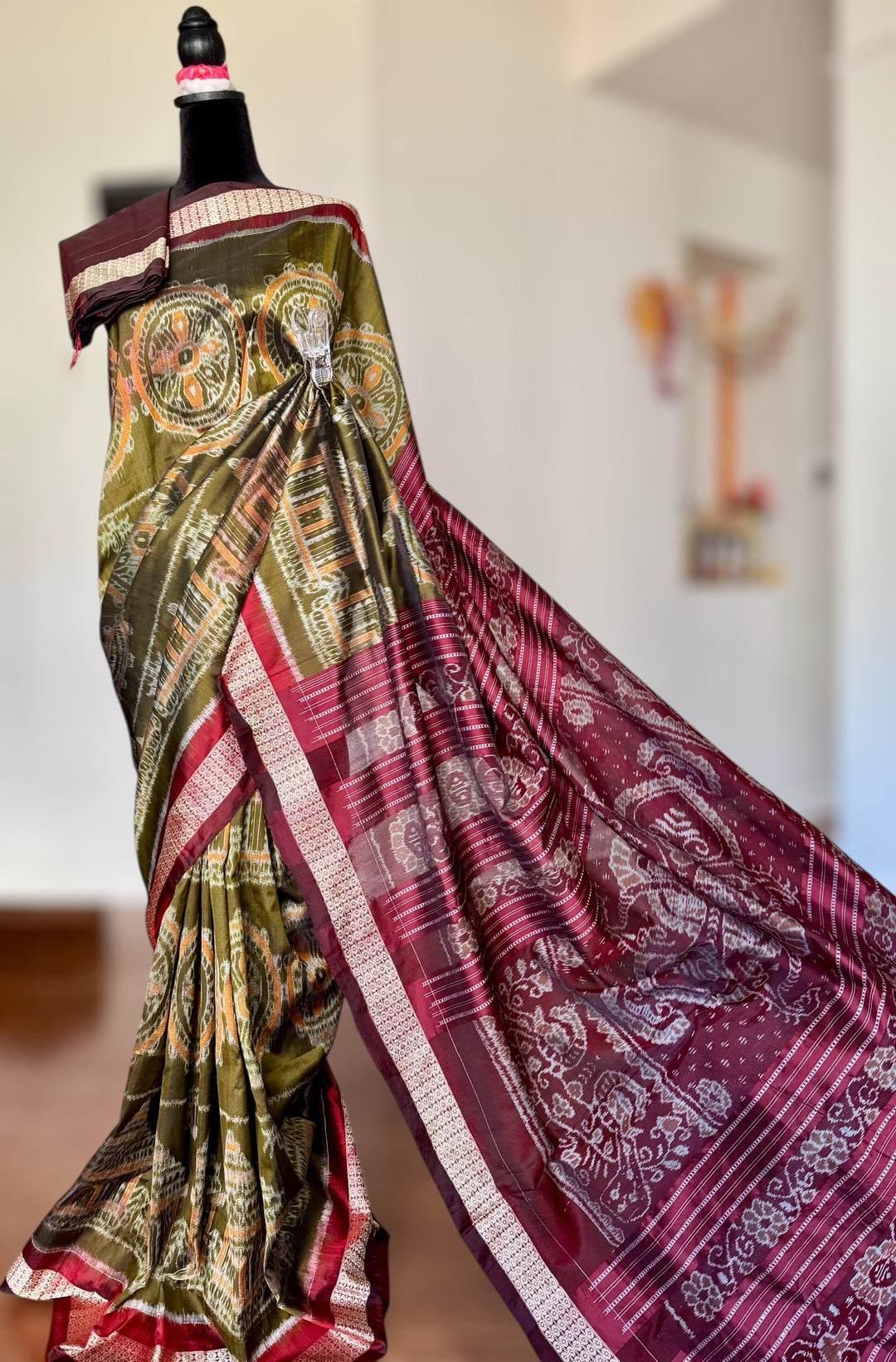 Olive green with maroon handwoven Sambalpuri Ikat Silk saree |Odisha Weaves