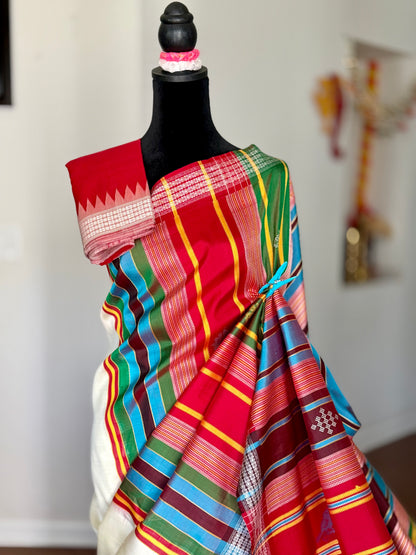 Off- White and Red Berhampuri Double pallu Pure Silk Saree| Odisha Weaves