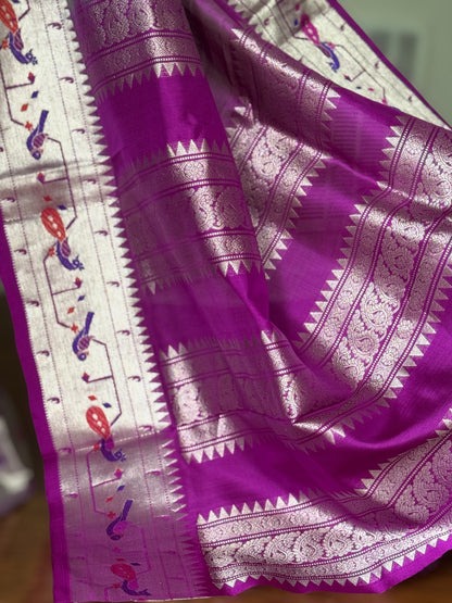 Grey purple high quality Venkatagiri handloom pure silk saree with Paithani border