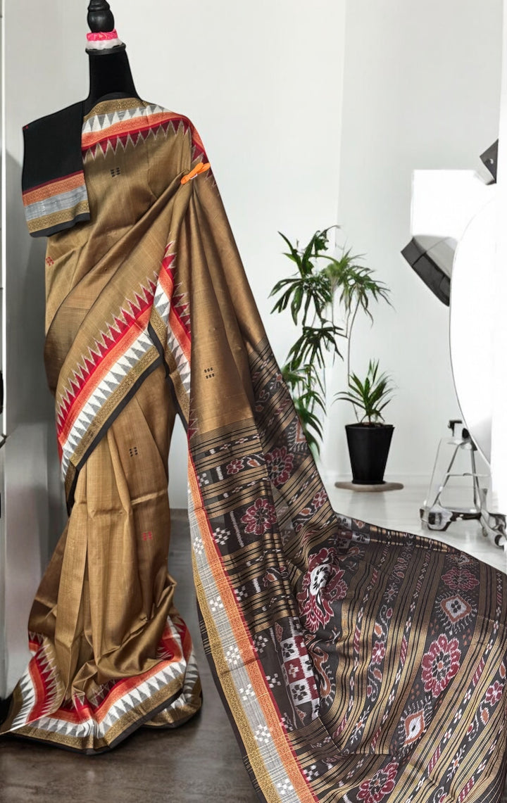 Ikat Khandua Pure Silk Saree from Odisha weaves in a sandy brown color |Odisha Weaves
