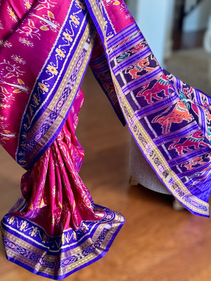 Magenta traditional ikat Khandua handwoven pure silk saree|Odisha Weaves
