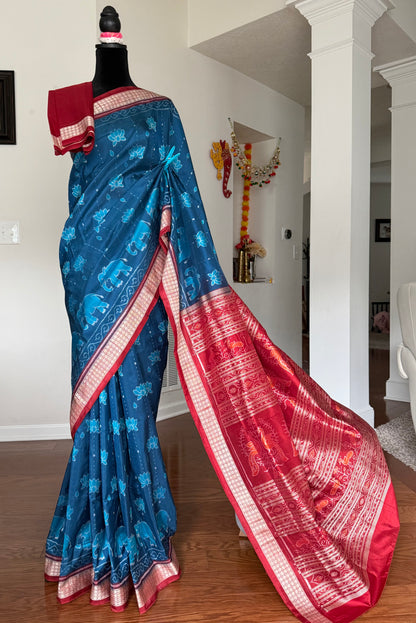 Teal blue and maroon handwoven Sambalpuri thousand motif pure Ikkat silk saree | Odisha Weaves