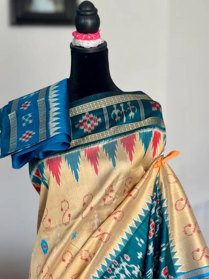 Baige Gold with blue combination handwoven contemporary ikat pure silk saree | Odisha weaves