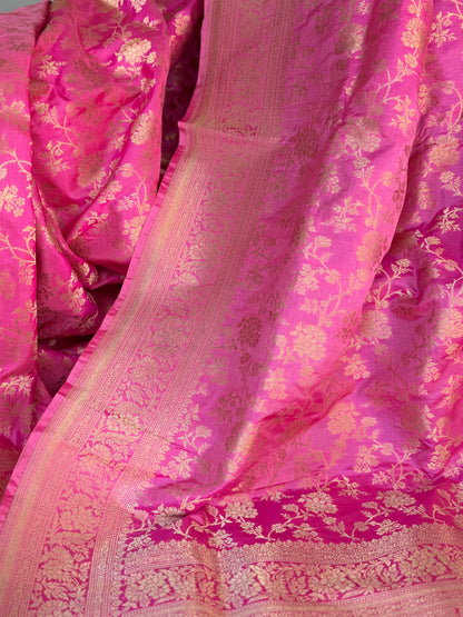 Pink Banarasi handwoven pure silk with floral jaal work