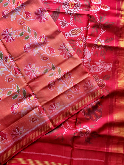 Peach color semi (double) ikat patan Patola pure silk saree