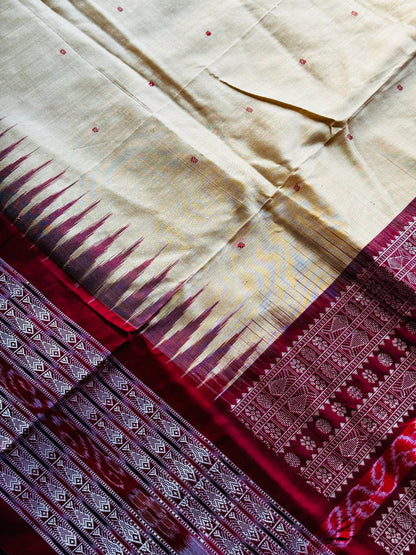 Gorgeous Pale Yellow handwoven Sambalpuri Ikat pure Silk saree