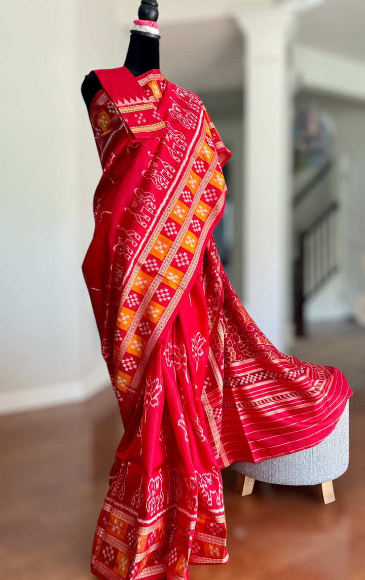 Red color Elegant khandua ikat pure silk saree with Elephant lotus motifs in body and pasapalli border |Odisha Weaves