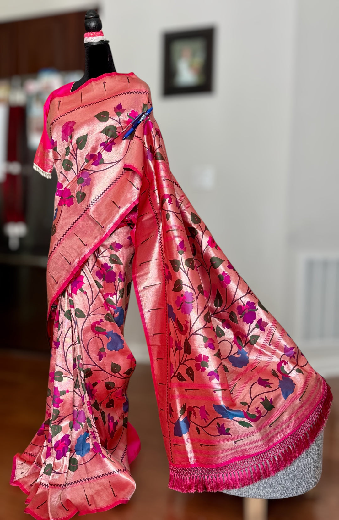Pink color paithani inspired brocade saree with stitched blouse| Value Vogue